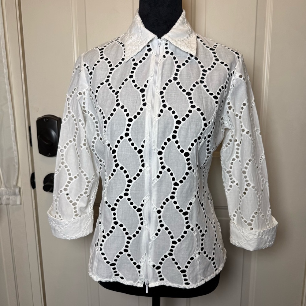 Samuel Dong White Eyelet Embroidered Cut-Out Sz S Zip Shirt Jacket 3/4 Sleeves